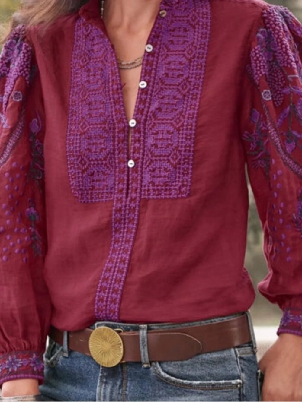 Sundance Catalog Embroidered Boho Christiane Blouse Sz S Cabernet - Picture 2 of 10